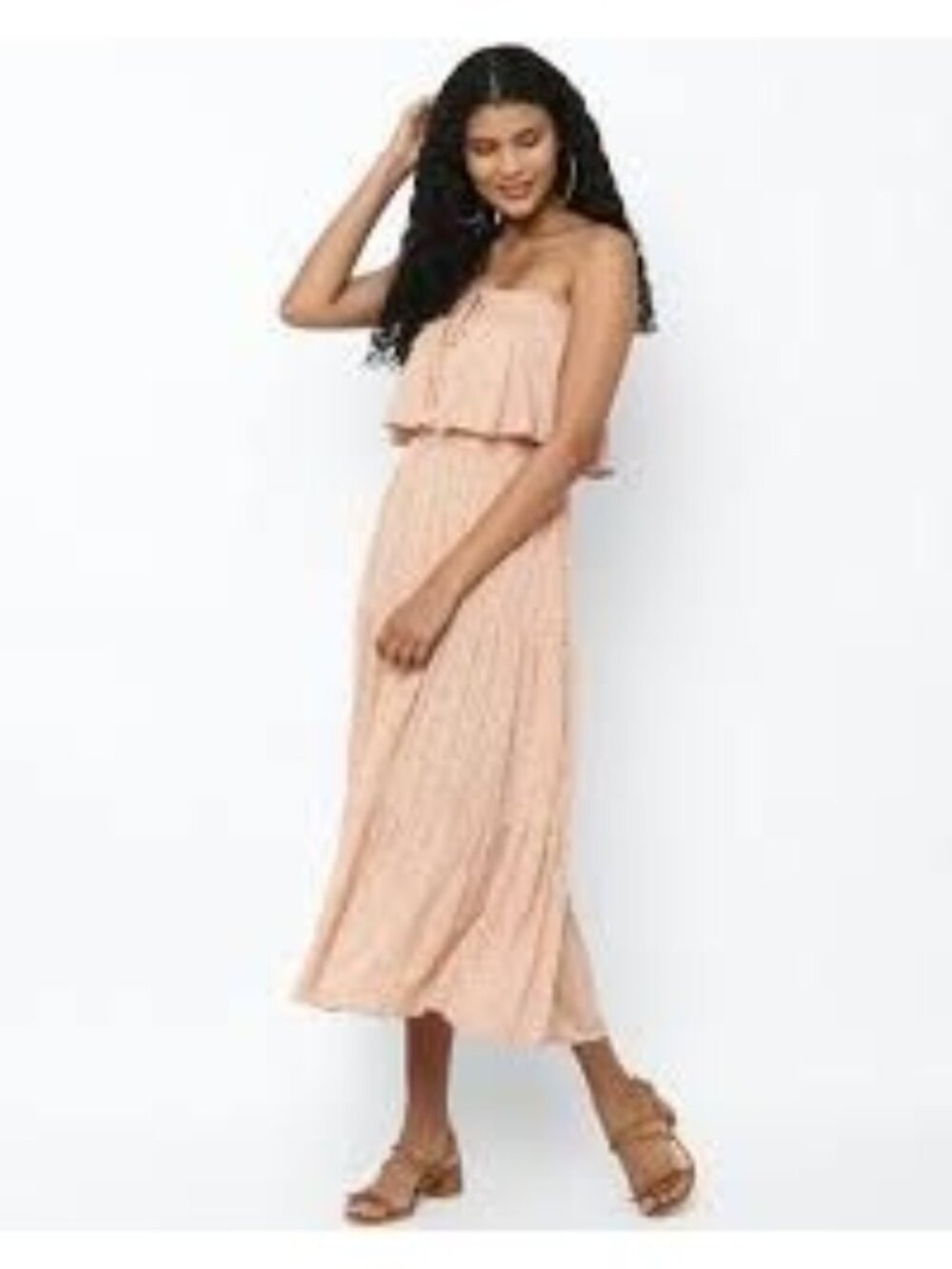American Eagle Tiered Strapless Midi Dress M | Peachy Pink Floral Viscose Swing